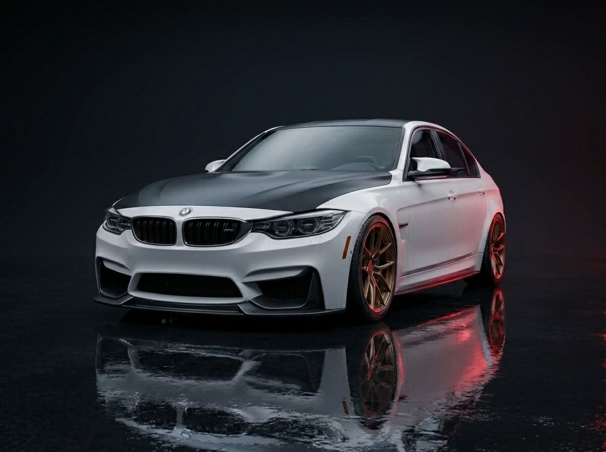 Photoreal render: the same BMW M3 with forged bronze wheels, carbon lip, and satin-black hood under cinematic lighting.