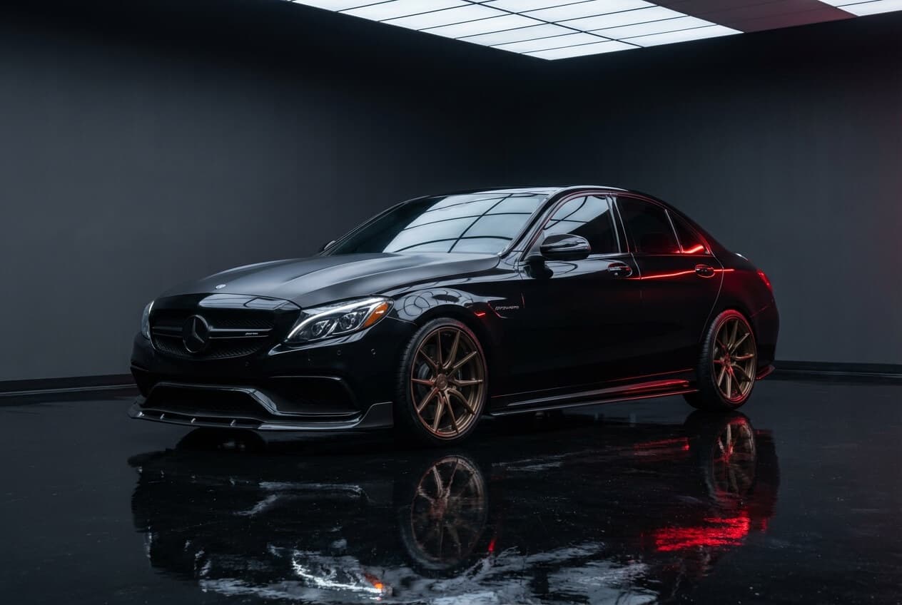 Photoreal render of an Obsidian Black Mercedes-AMG C63 on bronze forged wheels with carbon aero.