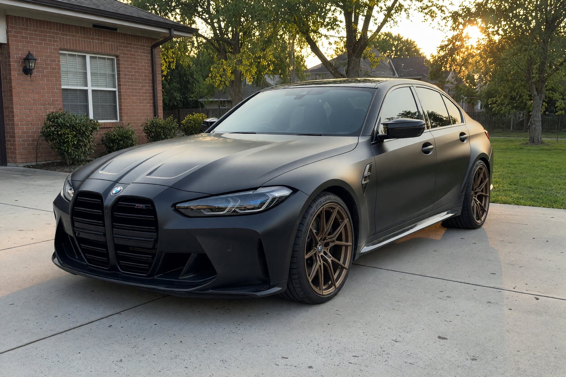 The same customer car, photoreal, wearing the forged wheel from the shop.