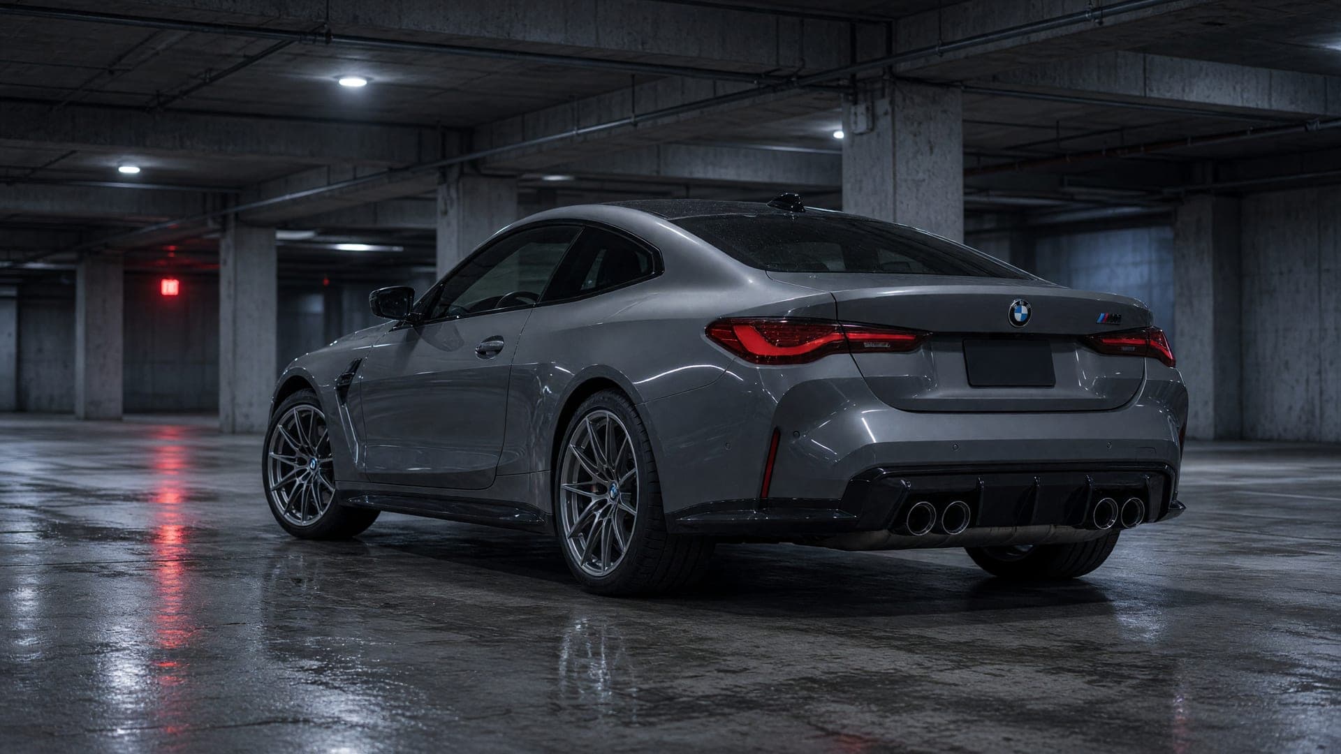 Rear three-quarter photoreal render of a stock grey BMW M4 in an underground car park.
